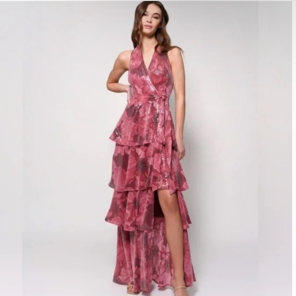 HUTCH Paige Sleeveless Halter Sequin Printed Tiered Wrap Maxi Dress - Picture 8 of 8